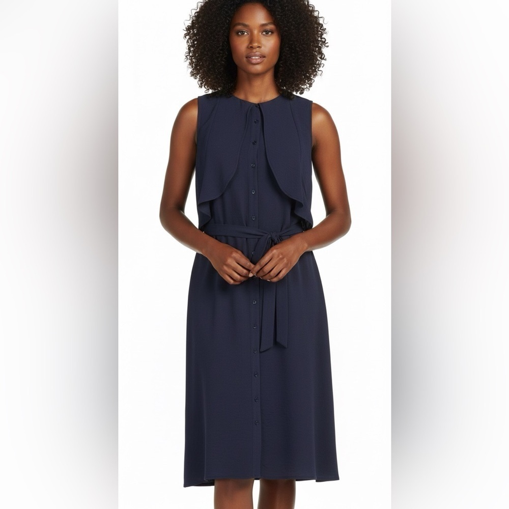 H by Halston Navy Blue Button Down Midi Dress Size 14